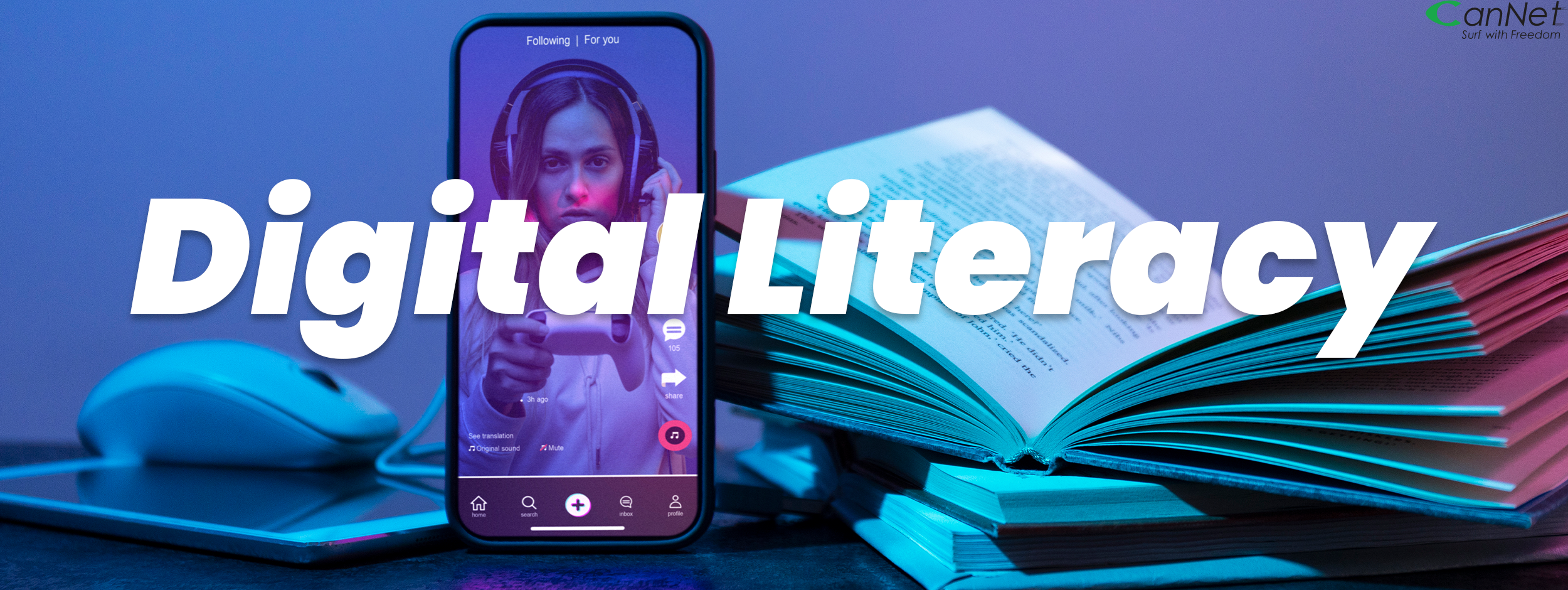 Digital Literacy with a phone and book in the background