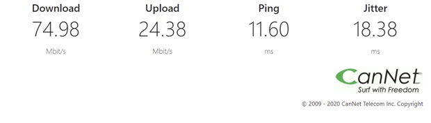 CanNet speed test page, download, and upload speed